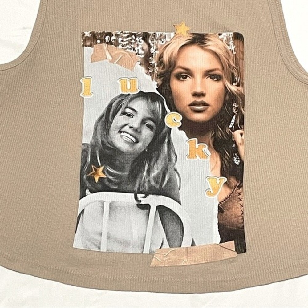 Britney Spears Lucky Ribbed Printed Tan Women's Large Tank Y2K